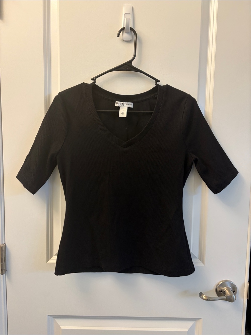 WHBM V-Neck 3/4 Sleeve Ribbed Top - Black Size M Like New